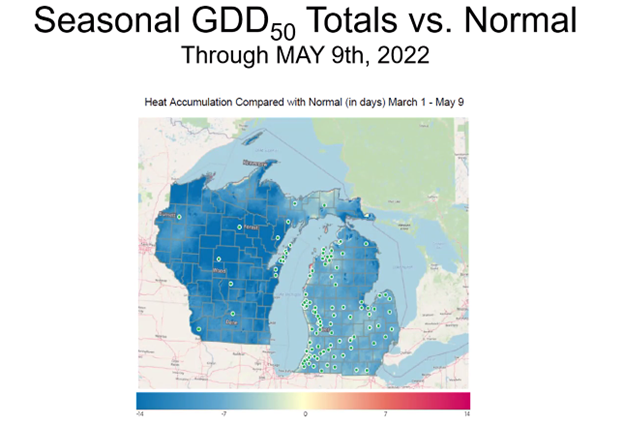 Figure 1. Summary of growing degree accumulations for the state prior to the warm weather that has moved into the state this week. This figure shows cold weather throughout Michigan.